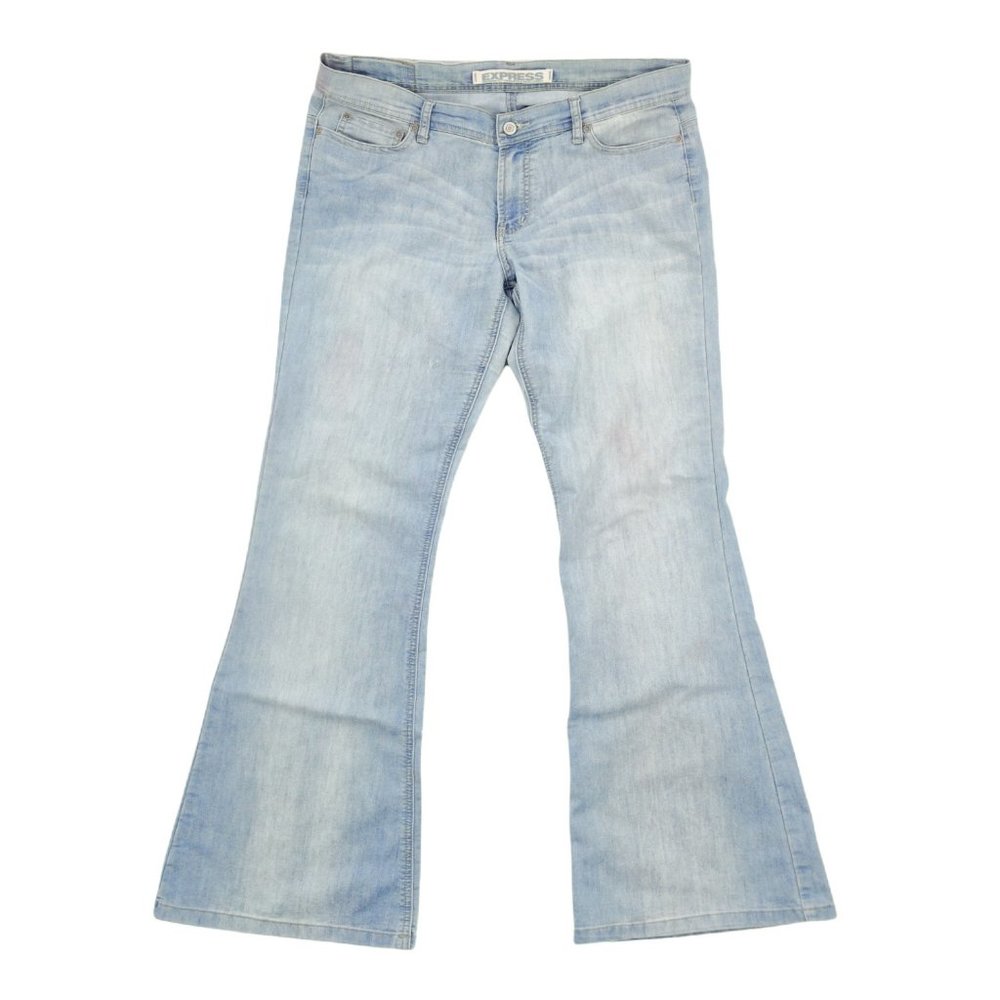 Express Jeans Women's 14 W35 Blue Flared Denim Mid Rise Medium Wash Cetine Zip